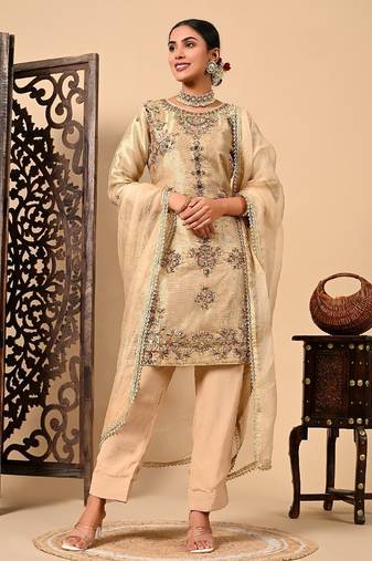 Golden kurta set with zardozi dabka pearl and organza applique work