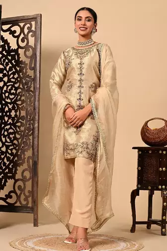 Golden kurta set with zardozi dabka pearl and organza applique work