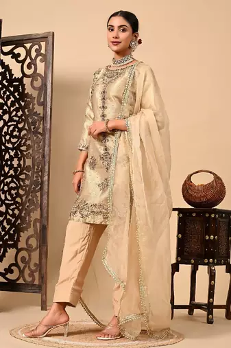 Golden kurta set with zardozi dabka pearl and organza applique work