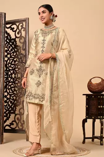 Golden kurta set with zardozi dabka pearl and organza applique work