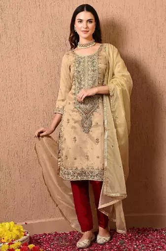 Golden green kurta set with zardozi dabka thread and sequins work