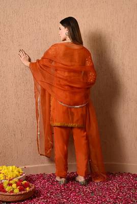 Dark orange kurta set with gotta thread dabka and zardozi 1