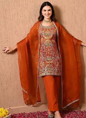 Dark orange kurta set with gotta thread dabka and zardozi 2