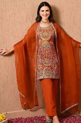 Dark orange kurta set with gotta thread dabka and zardozi