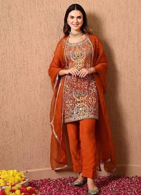 Dark orange kurta set with gotta thread dabka and zardozi 3