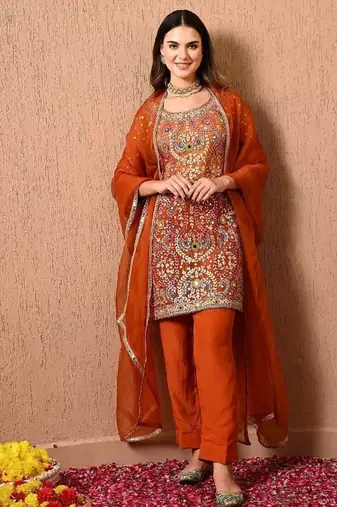 Dark orange kurta set with gotta thread dabka and zardozi