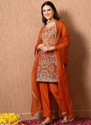 Dark orange kurta set with gotta thread dabka and zardozi 4