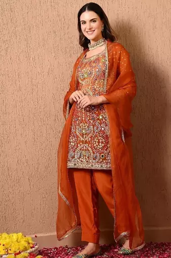 Dark orange kurta set with gotta thread dabka and zardozi
