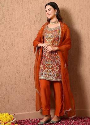 Dark orange kurta set with gotta thread dabka and zardozi 5