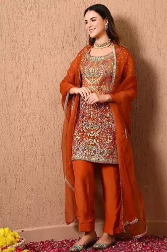 Dark orange kurta set with gotta thread dabka and zardozi