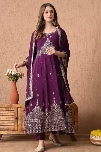 Mesmerising wine anarkali set with zardozi and sequins work