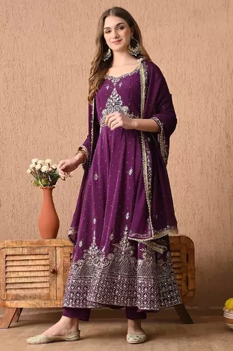 Mesmerising wine anarkali set with zardozi and sequins work