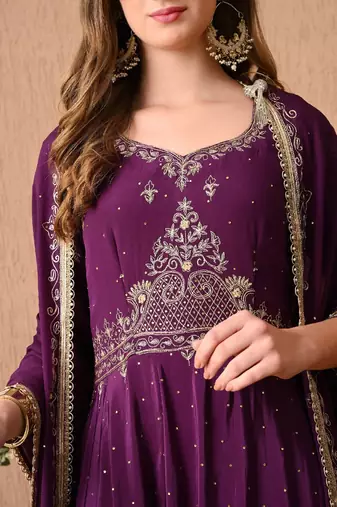 Mesmerising wine anarkali set with zardozi and sequins work