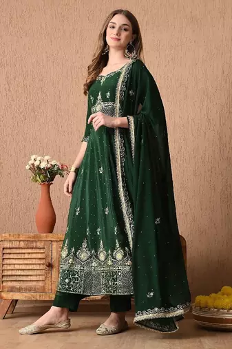 Stunning bottle green anarkali set with zardozi and sequins work