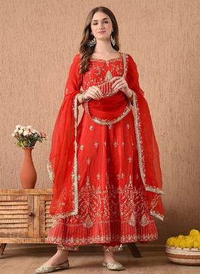 red anarkali set with zardozi and sequins work 1