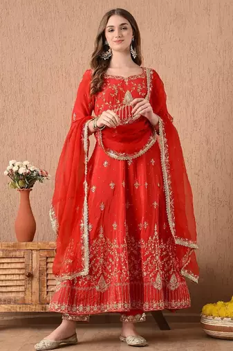 red anarkali set with zardozi and sequins work