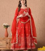 red anarkali set with zardozi and sequins work