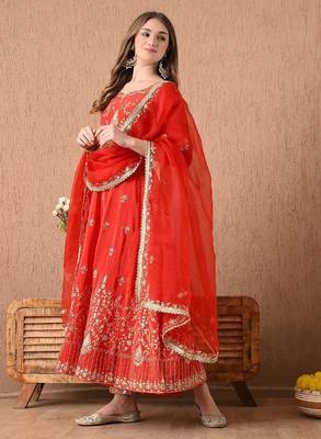 red anarkali set with zardozi and sequins work 3