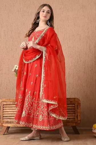 red anarkali set with zardozi and sequins work