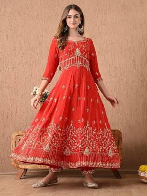 red anarkali set with zardozi and sequins work 4