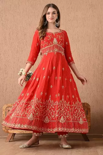 red anarkali set with zardozi and sequins work
