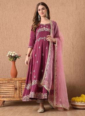 Ravishing pinkish wine anarkali set with zardozi and sequins work 2