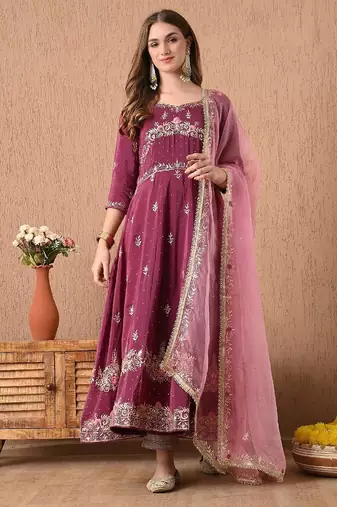 Ravishing pinkish wine anarkali set with zardozi and sequins work