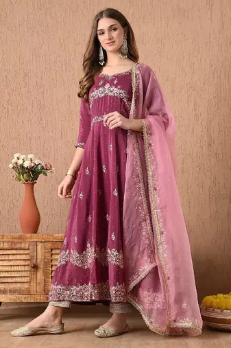 Ravishing pinkish wine anarkali set with zardozi and sequins work