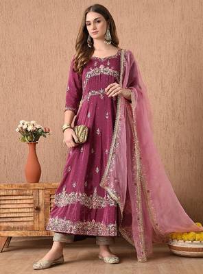 Ravishing pinkish wine anarkali set with zardozi and sequins work 4
