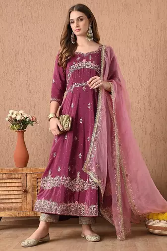 Ravishing pinkish wine anarkali set with zardozi and sequins work