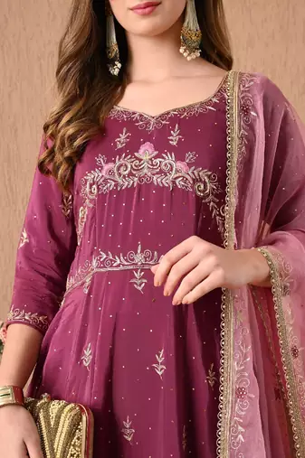 Ravishing pinkish wine anarkali set with zardozi and sequins work
