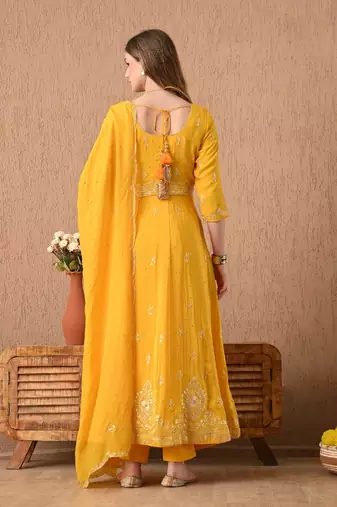  yellow anarkali set with zardozi and sequins work