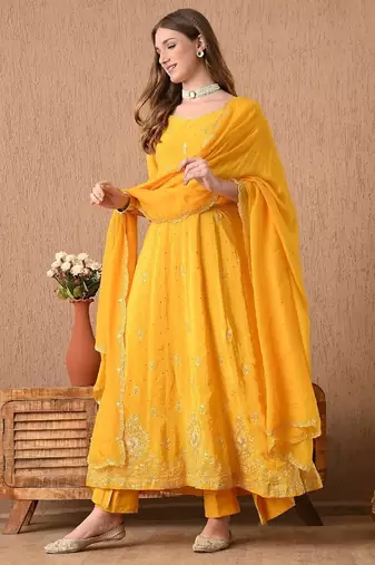  yellow anarkali set with zardozi and sequins work