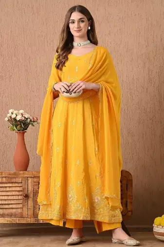  yellow anarkali set with zardozi and sequins work