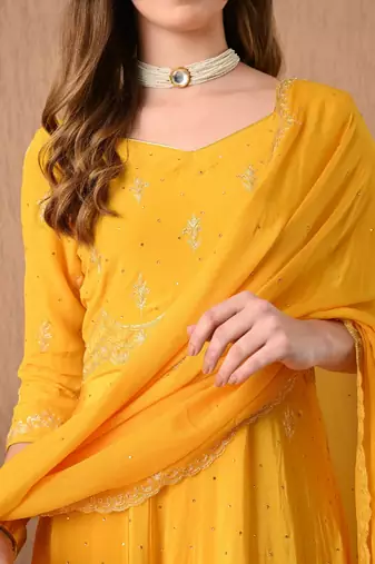  yellow anarkali set with zardozi and sequins work