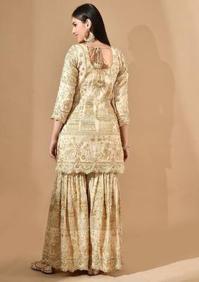 Golden sharara set with zardozi pearl & cutdana work 1