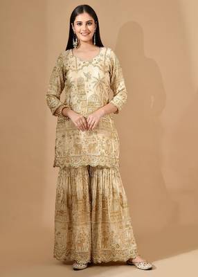 Golden sharara set with zardozi pearl & cutdana work 3