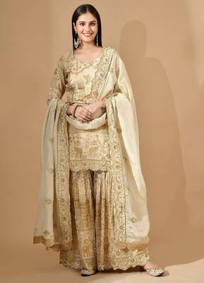 Golden sharara set with zardozi pearl & cutdana work 4
