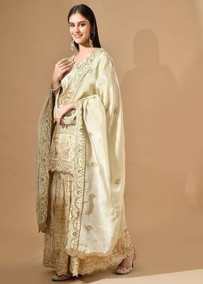 Golden sharara set with zardozi pearl & cutdana work 5
