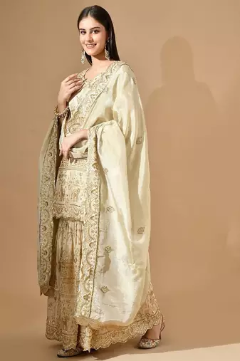 Golden sharara set with zardozi pearl & cutdana work
