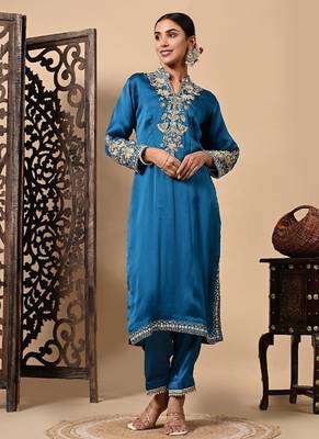 Royal blue kurta set with zardozi dabka and sequins craftsmanship 2