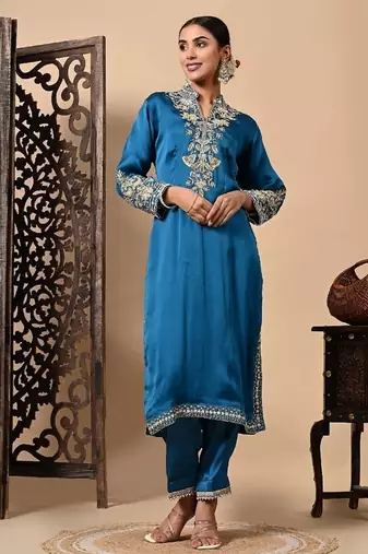 Royal blue kurta set with zardozi dabka and sequins craftsmanship
