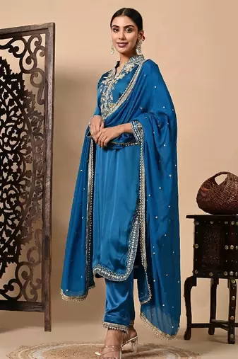 Royal blue kurta set with zardozi dabka and sequins craftsmanship