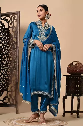 Royal blue kurta set with zardozi dabka and sequins craftsmanship