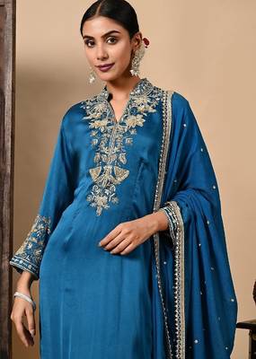 Royal blue kurta set with zardozi dabka and sequins craftsmanship 5