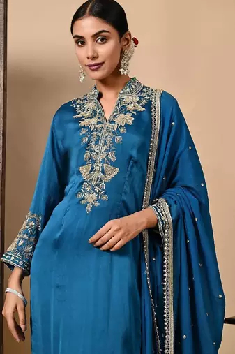 Royal blue kurta set with zardozi dabka and sequins craftsmanship