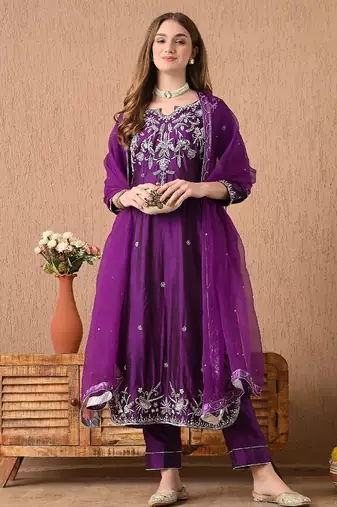 Astonishing purple kurta set with zardozi sippy pearl and cutdana work