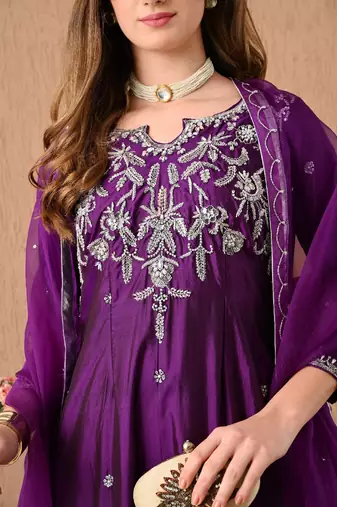 Astonishing purple kurta set with zardozi sippy pearl and cutdana work