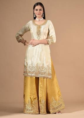 Cream yellow sharara set with gotta & mirror work 1