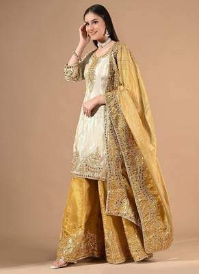 Cream yellow sharara set with gotta & mirror work 3